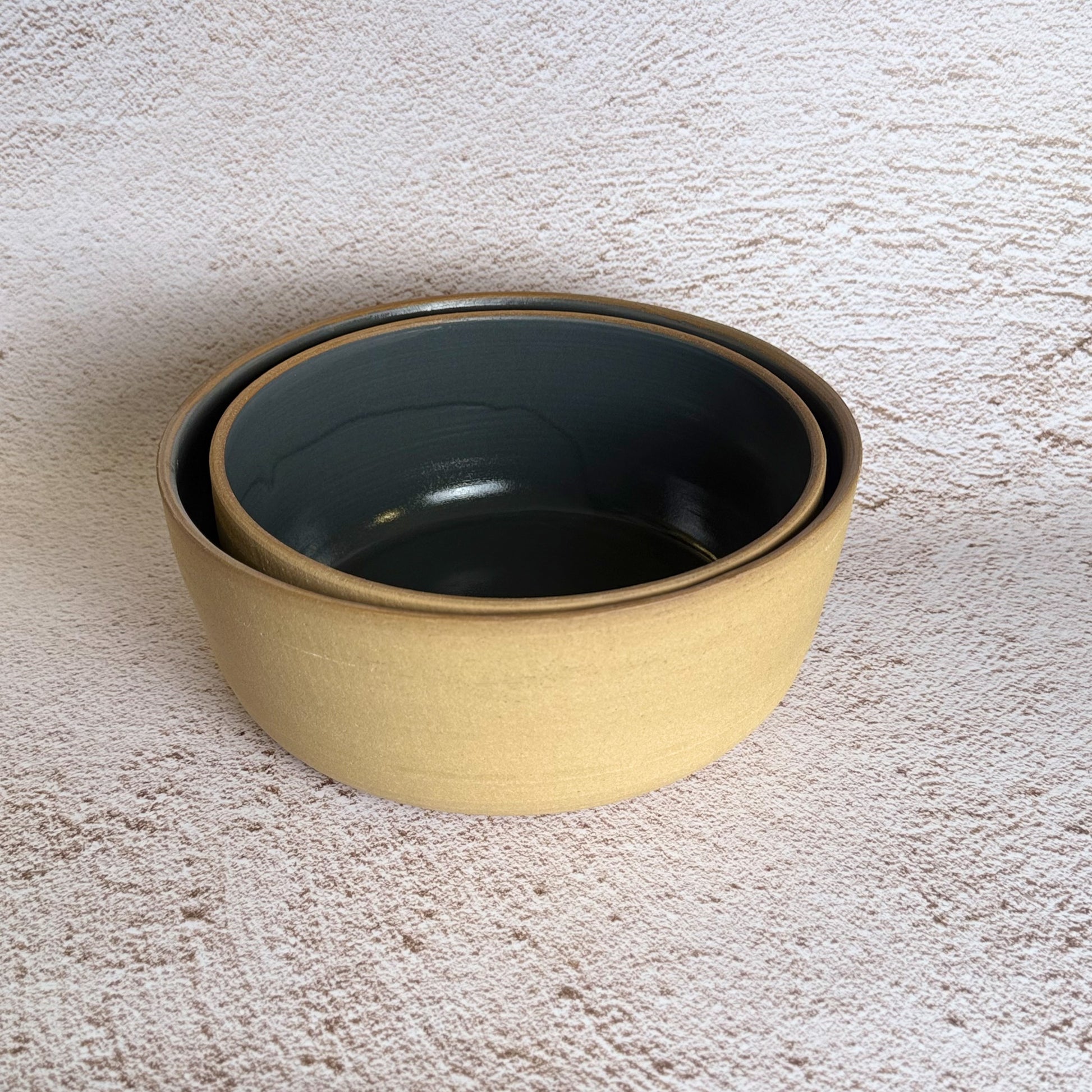 Large & Medium Stacking Serving Bowl Set - Warm Brown Stoneware / Slate Grey Gloss